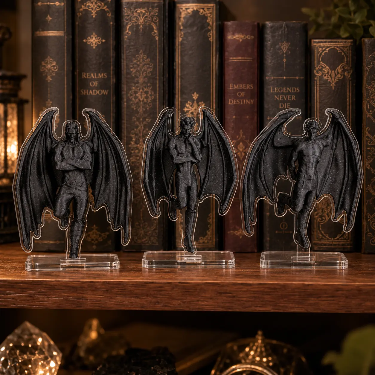 Dark Angel Wings Muscular Guy Poses Black Figures Acrylic Standee 3-Pcs Set Desk Decor