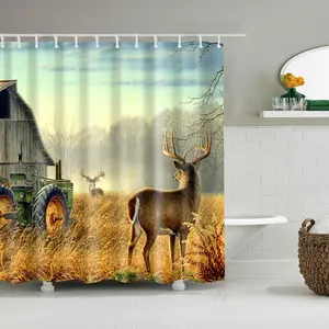 Farmhouse Pattern Shower Curtain, Natural Style Waterproof Exquisite Bathroom Curtain with 12 Hooks, Home Decor Supplies for Bathroom Hotel Salon Dormitory, Bathroom Shower Equipment