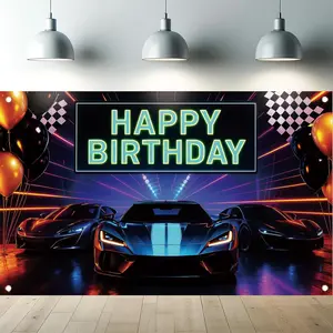 Neon   Racing Happy Birthday Backdrop Banner Luxury  Photography Background Racing Party Decorations Photo Booth Supplies 71x43 Inch