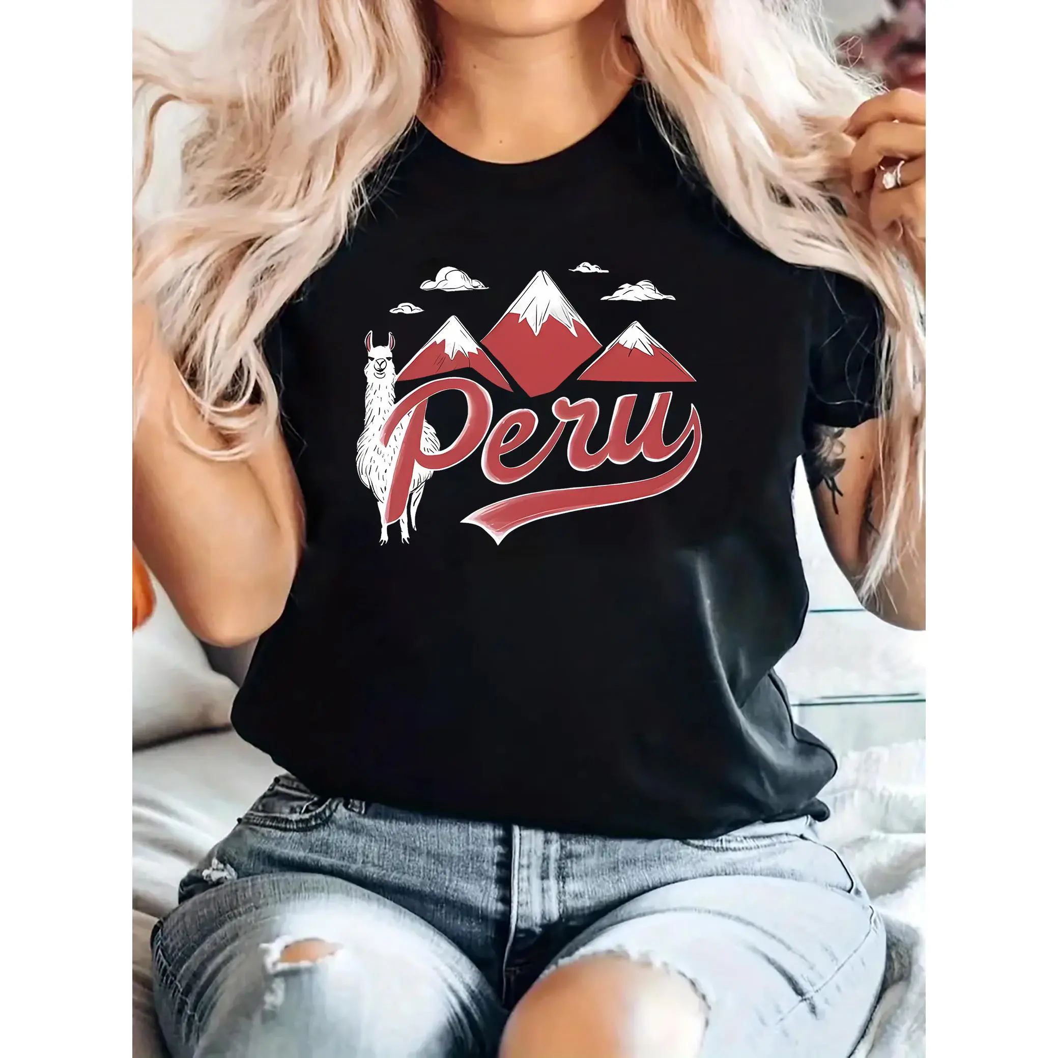 Women's Casual Peru Mountain Goat Graphic T-Shirt - Knit Fabric, Polyester & Spandex Blend, Short Sleeve Crew Neck, Medium Stretch, Geometric Pattern, Leisure Fit Top for All Seasons