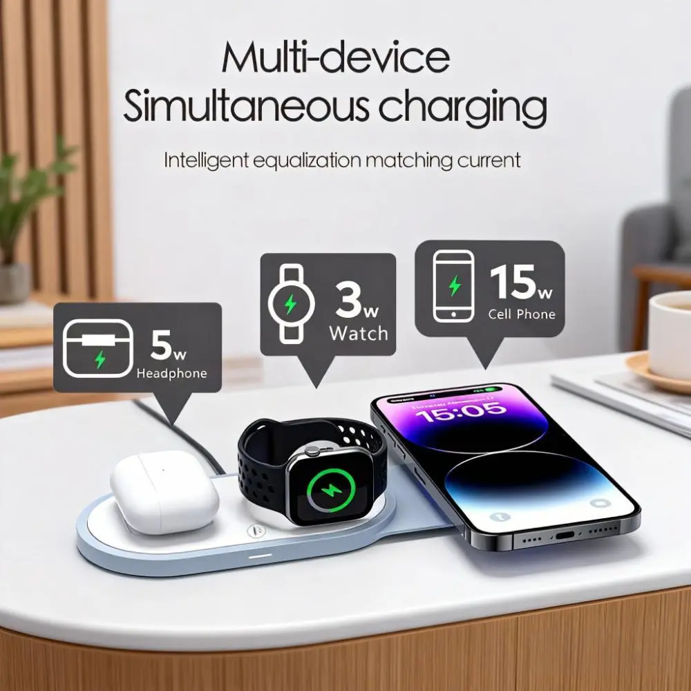 3-in-1 Magnetic Foldable Wireless Charger - Fast Charging Unisex Station with Nightlight, Portable Travel Dock for Phone, Wearable Smart Watch, Wireless Earbuds Accessories, Compact, Bedside
