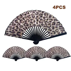 4 pcs Leopard Print Hand Portable Fan Handheld Bamboo Fans Elegant Retro Fan Home Dancing Party Wedding Silk Bamboo