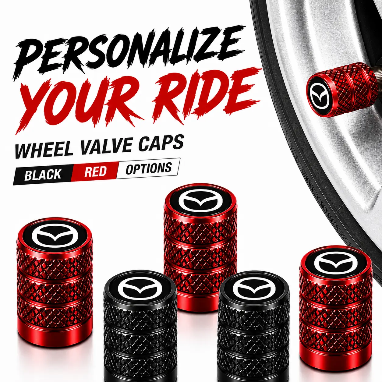 5 Pack Mazda Logo Sport Lightweight Knurled Aluminum Tire Valve Stem Caps, Rubber O-Ring Leakproof Anti-Corrosion Dust Proof, Fit CX-5 Mazda 3 CX-9 CX-30 MX-5 Sedan SUV Roadster, Universal Schrader Valve Easy Install TPMS Safe Auto Wheel Mod Decor
