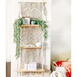 Macrame Wall Hanging Shelf - 3 Tier Wall Plant Hanger Shelves with Handmade Woven Rope, Decorative for Kitchen, Bathroom, Home Storage, Boho Decor