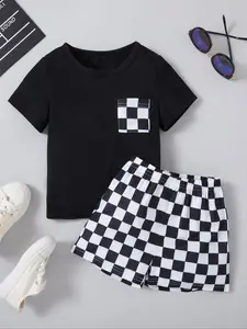 Toddler Boy's 2pcs Colorblock Plaid Print Short Sleeve Round Neck T-shirt & Elastic Waist Shorts Set Summer Clothes, Casual Summer Two-piece Outfits for Little Boys Daily Wear Holiday, Kids Clothes, Baby Clothing