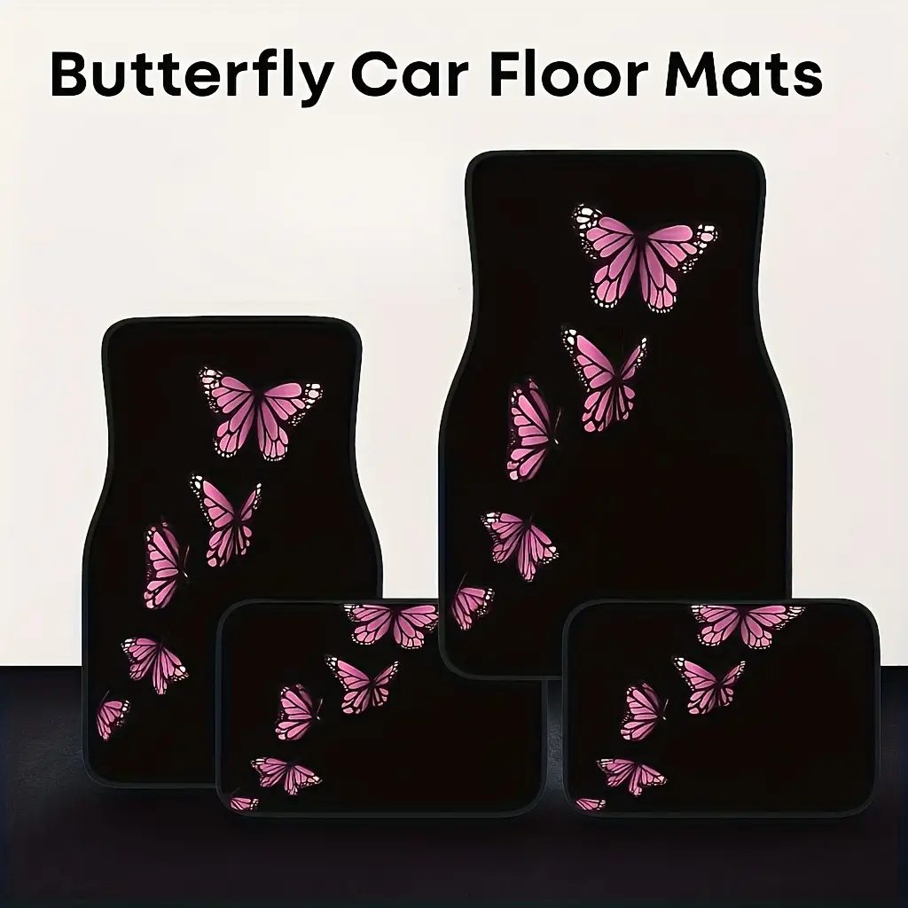 Set of Four Pink Butterfly Car Covers - Washable Car Accessories Floor Mats for Sedans, Suvs, And (Available in White, Grey, Purple, And Pink) | Year-Round Vehicle Protection And Ideal Gifts for Halloween And Christmas for Both Men And Women
