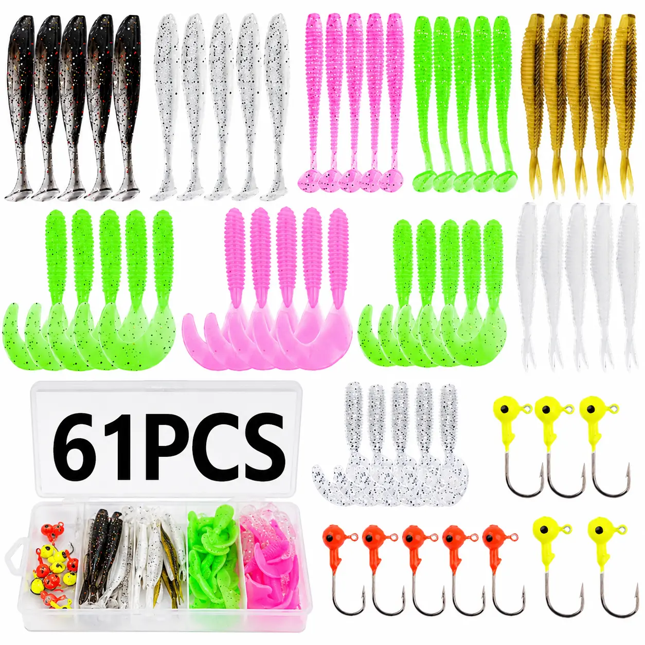61PCS Variety Styles Soft Fishing Lure Kit with Jig Heads, T-Tail Shads, Curly Tail Grubs, Grub Worms & Tackle Box for Bass, Trout Fishing, Grub Worm rig
