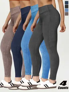 Women's High Waist Denim-effect Sports Leggings, Casual Comfy Breathable Skinny Pants for Yoga Gym Workout Running, Ladies Sportswear for All Seasons, Womenswear, Shaping Leggings