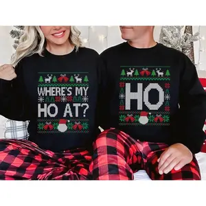 Funny Couples Christmas Sweatshirt, Where��s My Ho At & Ho Ugly Sweaters, Matching Husband Wife Xmas Shirt, Cute Holiday Party Outfit, Funny Christmas Gift - AH