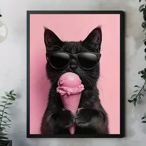 Cool Black Cat Ice Cream Poster, Cute Aesthetic Wall Art, Pink Minimal Pet Decor with Sunglasses for Bedroom or Cafe, Fun Gift for Cat Lover