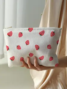 Strawberry Pattern Makeup Bag, Lightweight Multi-functional Travel Cosmetic Bag, Zipper Makeup Organizer Pouch, Versatile Storage Bag, Handheld Cosmetic Pouch