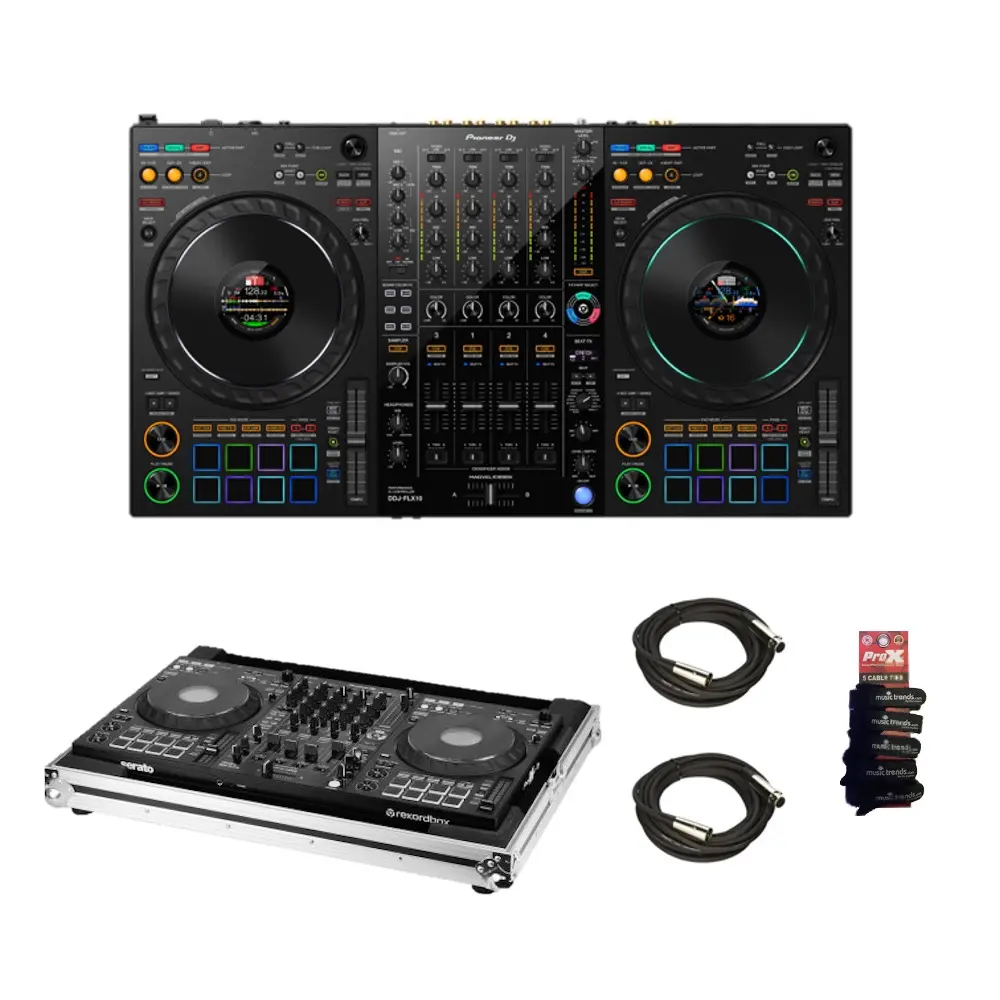 Bundle of Pioneer DJ DDJ-FLX10 4-channel DJ controller w/ Flight Case & XLRs