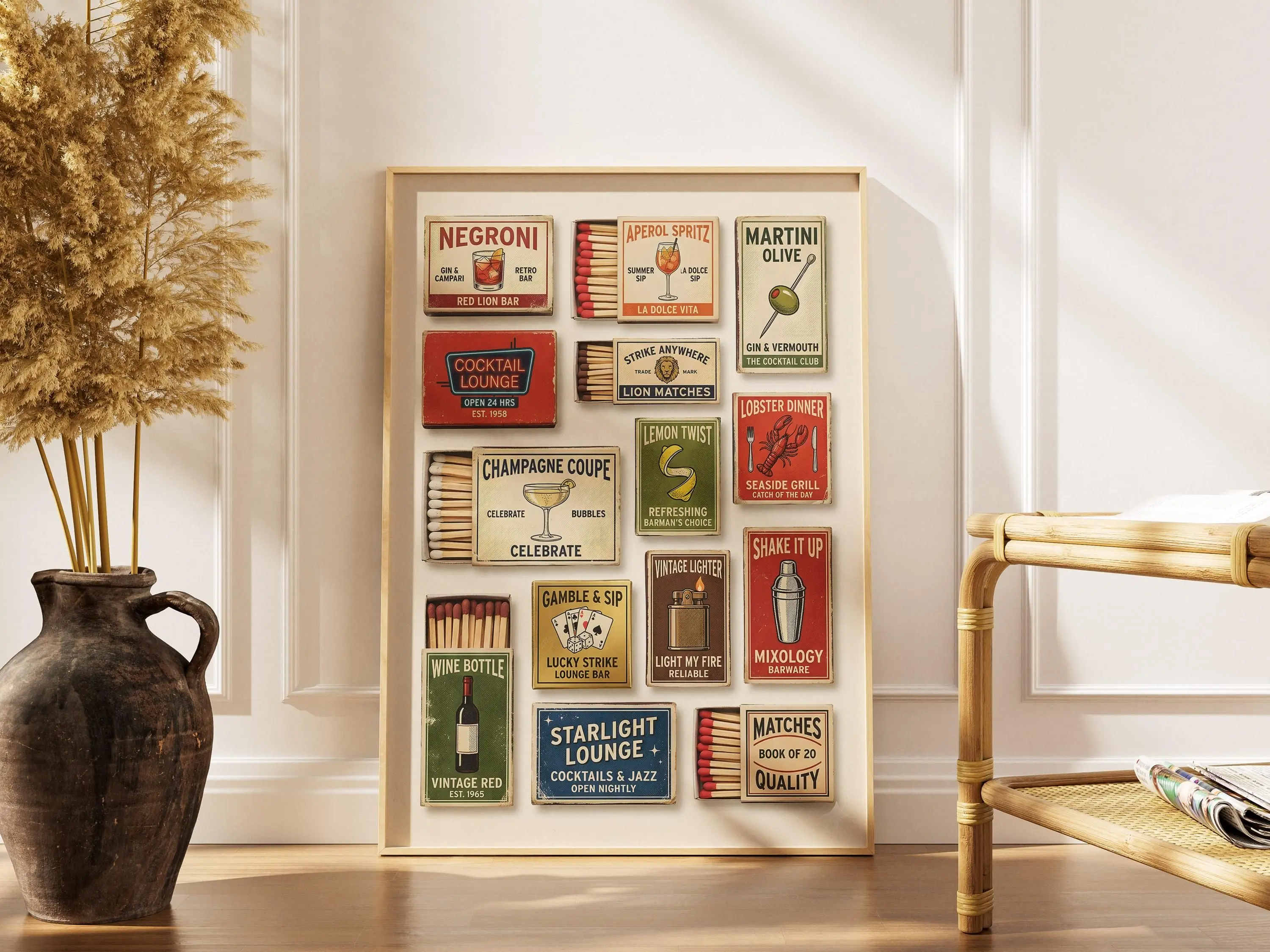 [SALE UP TO 40%] [Unframed] Vintage Matchbox Collection Print, Retro Cocktail Bar Wall Art, Matchbook Poster, Bar Cart Decor