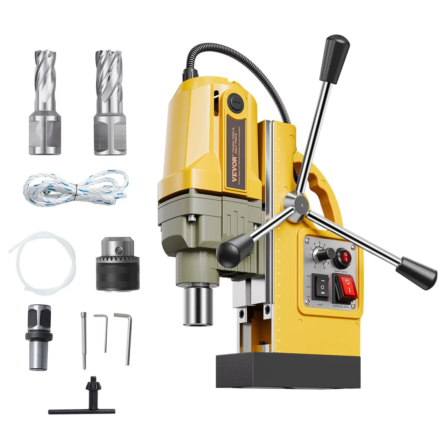 【Summerfinds】VEVOR Magnetic Drill, 1200W Motor 1.6 in Boring Diameter, 2810 lbf Electric Mag Drill Press, with 2 Coring Bits, Variable Speed, Drilling Machine for Metal Surface, Home Improvement Industry, Yellow