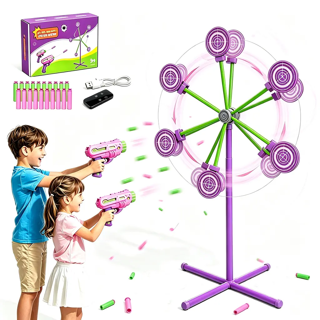 Ferris Wheel Rotating Auto-Reset Shooting Target Kit, 2 Soft Foam Blaster Guns, Remote Controlled Adjustable Speed Spinning Target, Safe Soft Darts, Indoor & Outdoor Game, Birthday Gift for Kids Ages 6+, Compatible with Most Foam Blasters