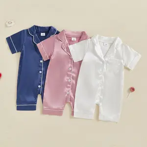 Newborn Baby Girl Boy Silk Pajamas Short Sleeve Button Down Satin Infant Pjs  Jumpsuit Loungewear