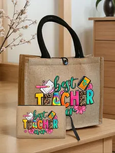 Teacher Alphabet Printed Linen Handbag, Handbag Printed With Fountain Pens, Floral Patterns, Big Bag With Small Bag, Teacher's Thank You Gift, For Shopping Outfits, Fashionable Shopping Purse, For Birthdays, Holidays, Letter Printed Handbag