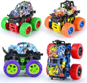 Push and Go Friction Powered Car, 4 Pack Monster Truck Stunt Car, Double-Directions Inertia Pull Back Vehicle, 360° Rotating Anti-Fall Off-Road Toy Cars, Toys for Boys 3-7 Years Old, Kids Birthday Party Gift, Party Favors