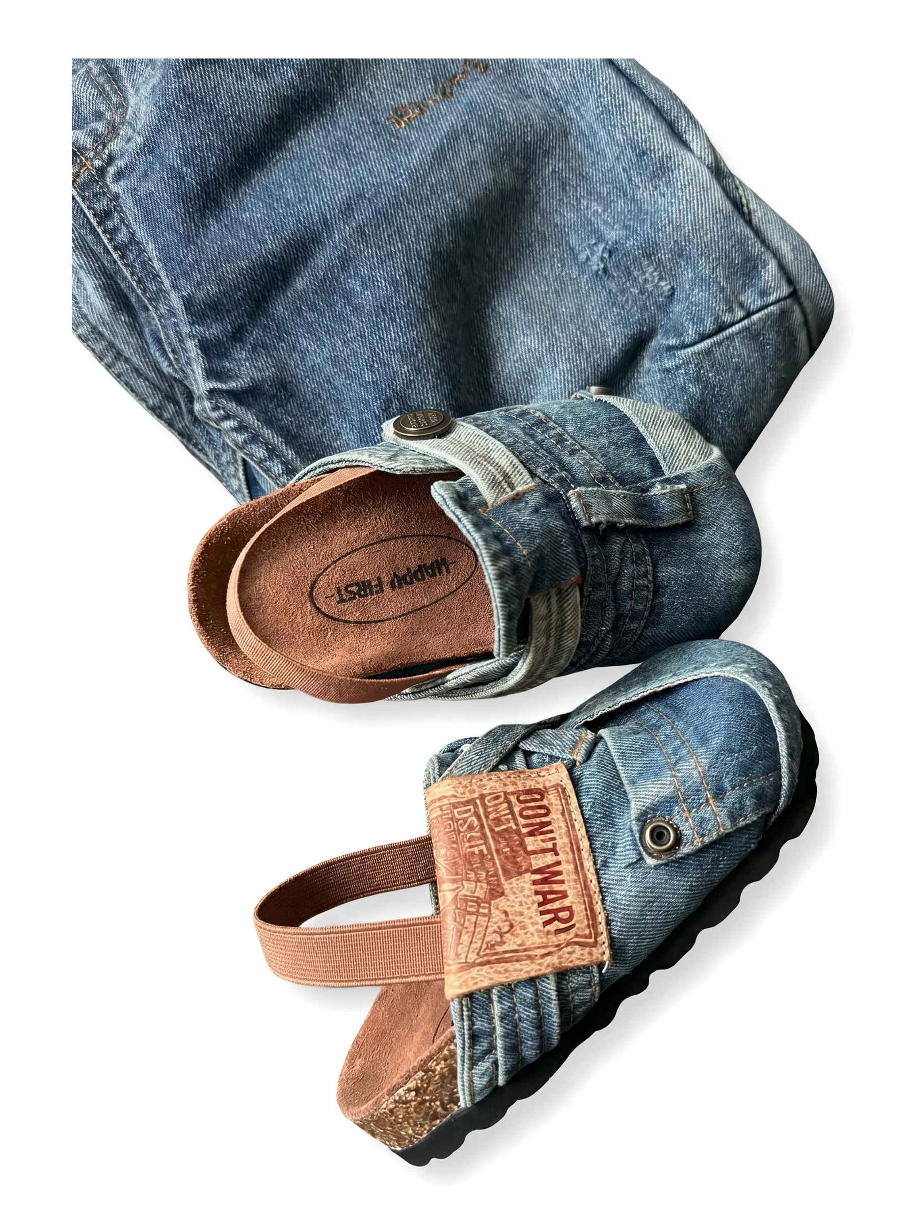 Unisex Handmade Denim Clog Sandals - Family Matching, Slip-On, Round Toe, Cork Sole, Leather Insole, Elastic Band, Foam, Genuine Leather, Below Ankle, Kids (Children's Size 22/Baby) & Adults Casual Outdoor Walk Sandals