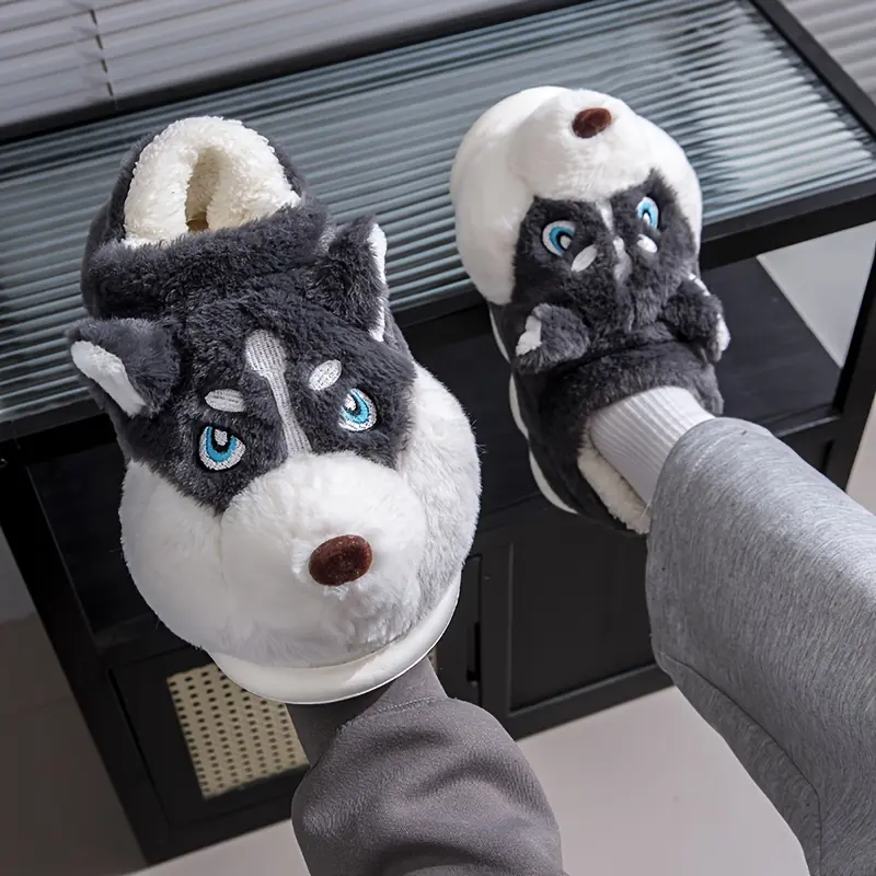 Women's House Slippers, Cute Husky Animal Plush Casual Slip-ons, Warm Indoor Shoes for Bedroom, Creative Gift, Slippers For Women, Flannel Sole, Indoor Wear