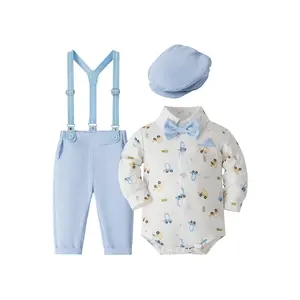 Infant & Toddler Gentleman's Formal Wear Set for Baby Showers and Weddings: Flower Boy Suit, Baby Romper + Suspender Pants + Hat + Bow Tie. Suitable for All Seasons