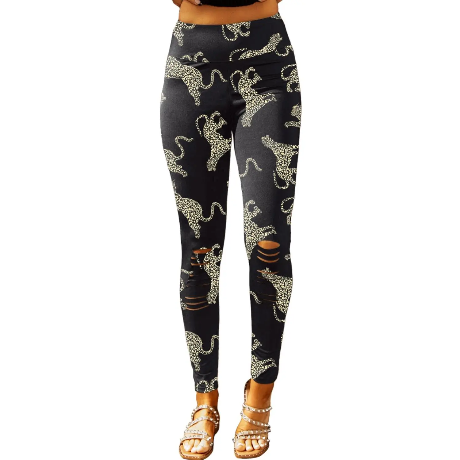 Black Cheetah Print High Rise Ripped Leggings