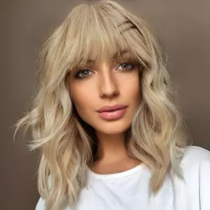 [ AISI HAIR ] Synthetic Wavy Curly Bob Wig with Bangs Mixed Blonde Short Hair Wigs for Women Synthetic Heat Resistant Bob Wigs