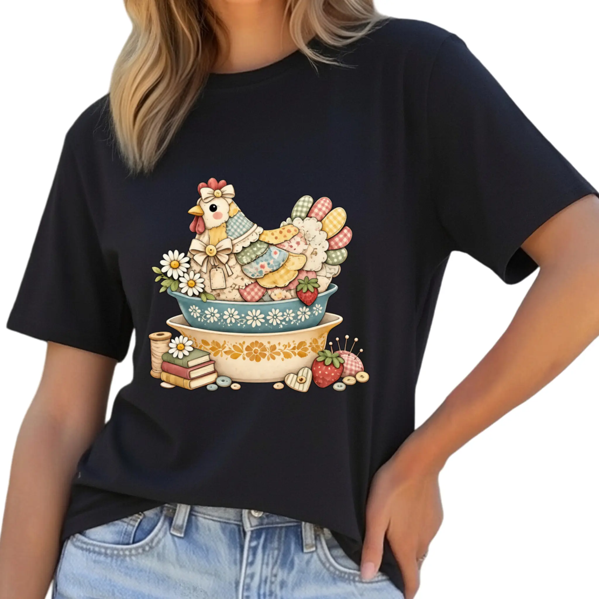 Patchwork Vintage Chicken Pyrex Inspired T-Shirt, Quilted Hen on Nest, Grandma Core Vintage Kitchenware Shirt, Printed Shirt Breathable Fabric