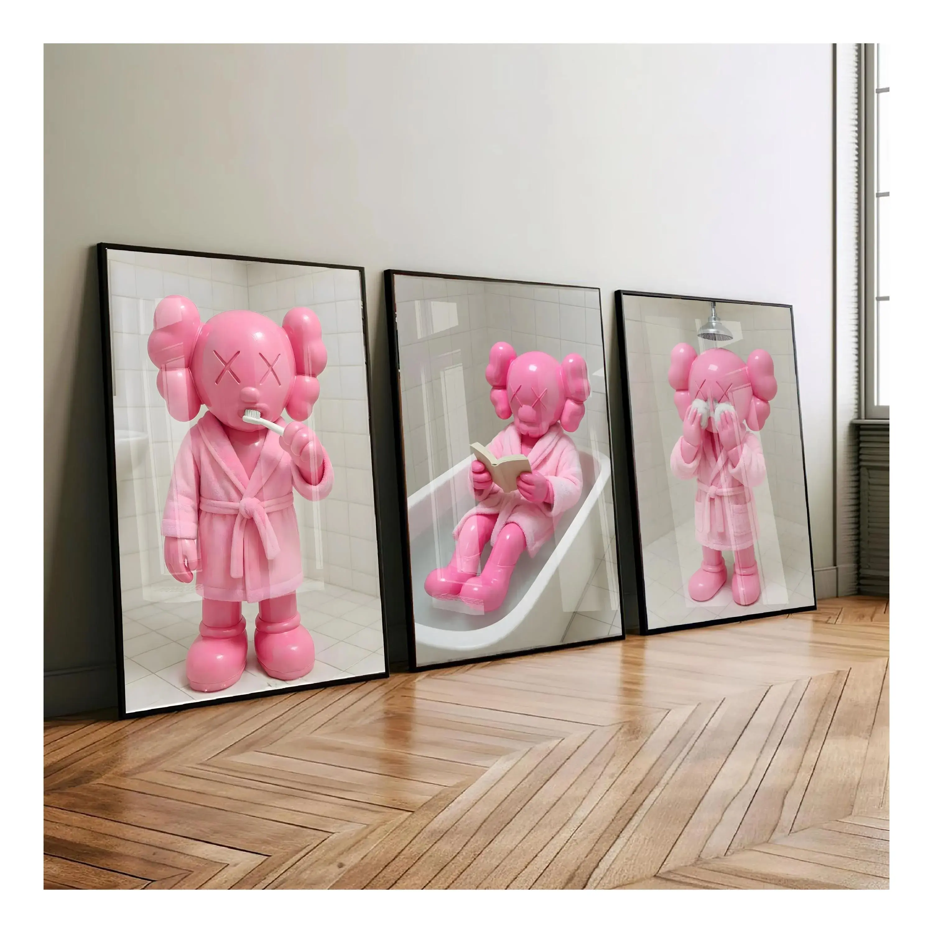Set of 3 Pink Kaws Bathroom Prints, Hypebeast Wall Art