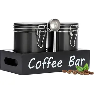 Coffee Bar Coffee Containers with Shelf & Scoop - 2 Pcs 23.7OZ 700 ML Black Metal Storage Jars with Airtight Lid for Coffee Beans Powder Nuts Snack Sugar Tea - Utensils