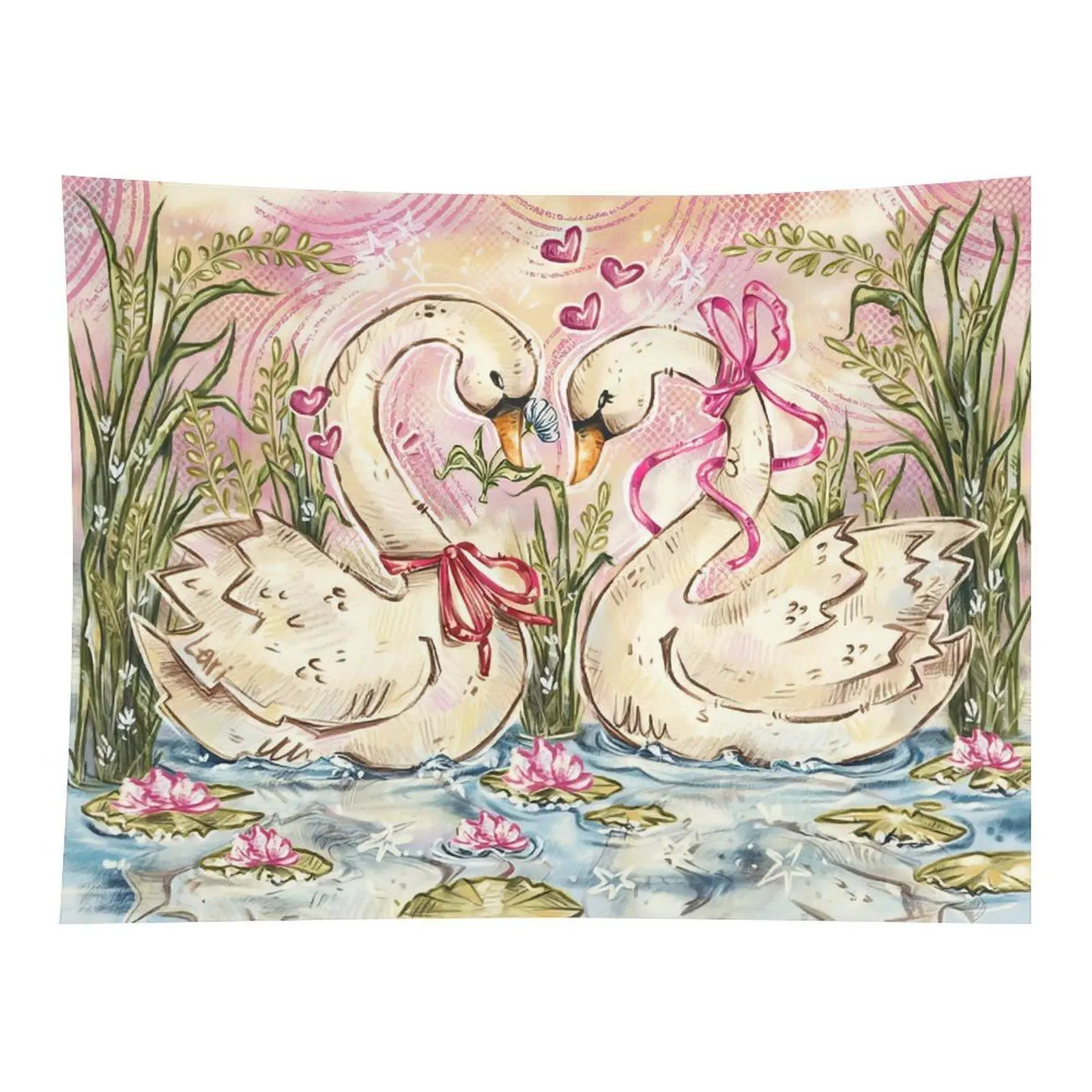 Cute White Swans With Pink Ribbons On Lotus Pond Tapestry Romantic Sweet Watercolor Love Heart Pattern Girls Bedroom Wall Decor