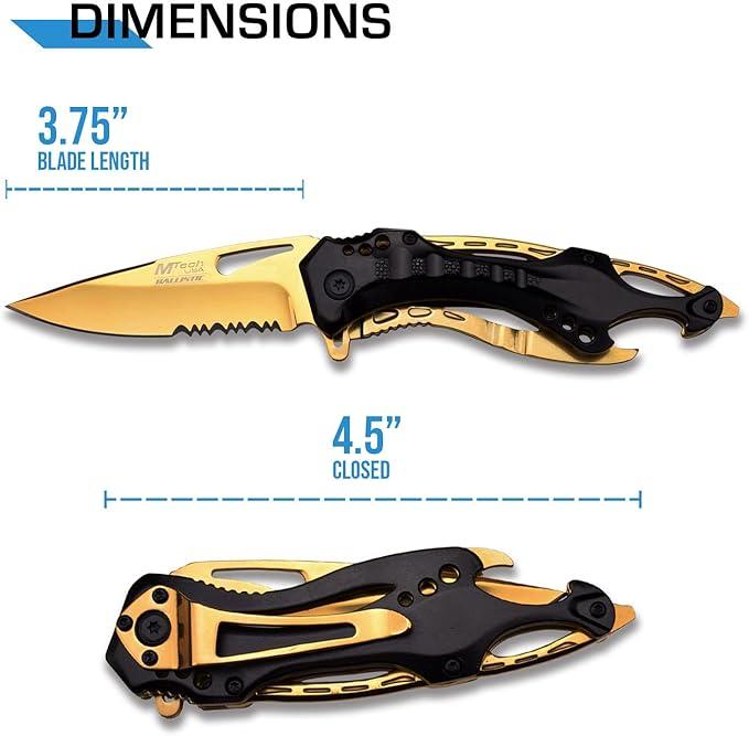 MTECH USA Folding Knife, 3.75-Inch Half-Serrated Blade, Gold Titanium Coating, Glass Breaker MT-A705BG