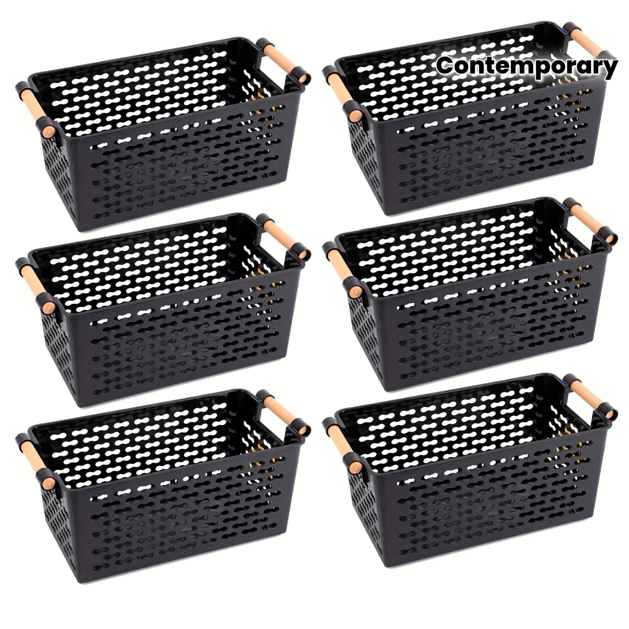 6 Pack Stackable Baskets] 6 Pack Durable Stackable Plastic Storage Baskets with Handles| Open-Top Design & Ventilation Holes for Home, Office, Closet, Bathroom Organization