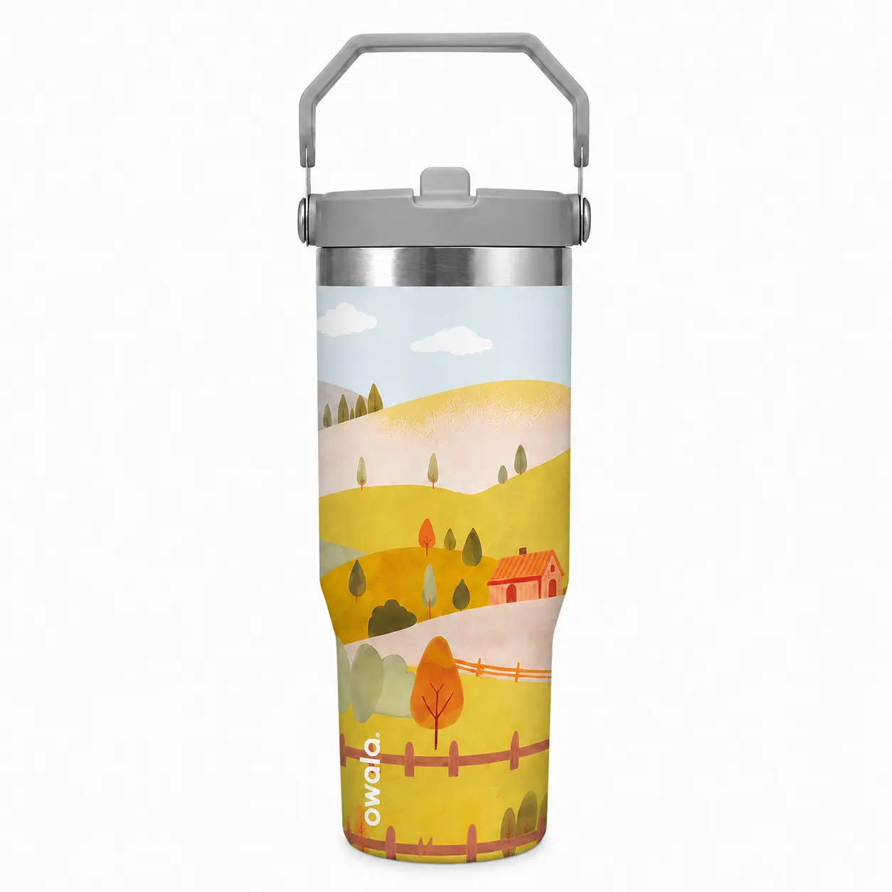 Owala 30oz Insulated Stainless Steel Tumbler with Carry Handle, Pastel Countryside Landscape Print, Leak-Resistant Lid, Reusable Travel Water Bottle for Work, School & Outdoor Use