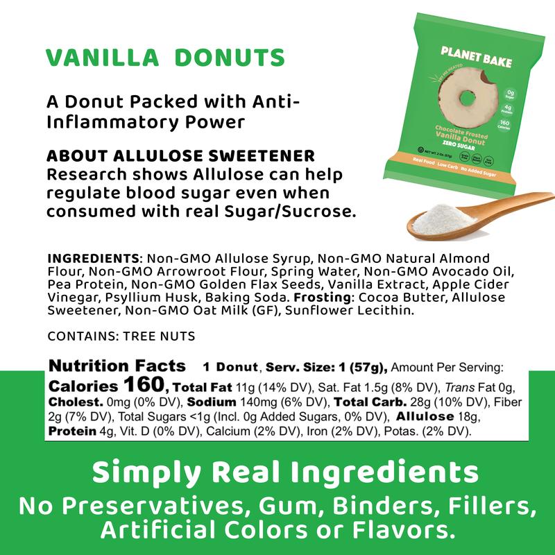 Planet Bake Vanilla Bean Donuts 8 Pack - Plant-Based, Low-Carb, Gluten-Free, No Sugar Alcohol, Sweetened for Snack & Dessert