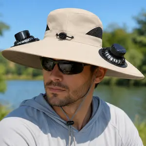 Solar and USB Rechargeable Fan Hat, Wide Brim Outdoor Sun Hat for Men Women with 2 Built In Fans, 3 Speed Adjustable Cooling, Breathable Lightweight Fishing Bucket Hat for Camping, Hiking, Beach, Golf, Gardening and Farm Work