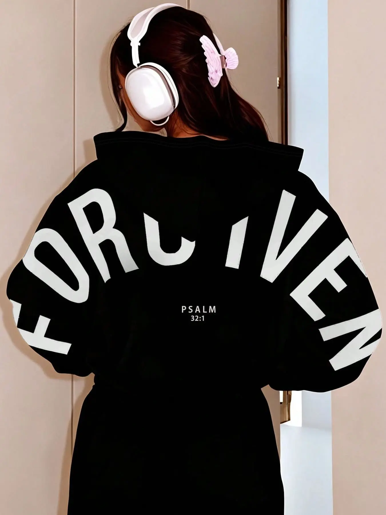 Women's Casual Oversized Long Sleeve Hoodie, Drawstring Hoodies, Unisex Black "Forgiven" Psalm Printed Pullover, Faith Based Apparel, Faith Graphic Pullover, Comfortable for Streetwear, Drawstring