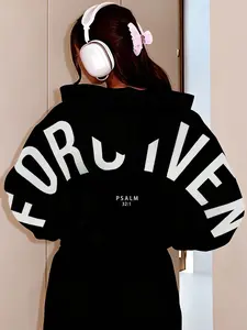 Women's Casual Trendy Oversized Hoodie, Unisex Black "Forgiven" Psalm Printed Pullover, Fashion Letter Pattern, Comfortable Style Ideal for Streetwear