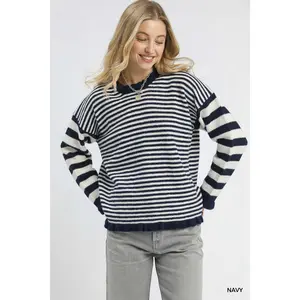 Umgee Ruffle Neck Stripe Sweater