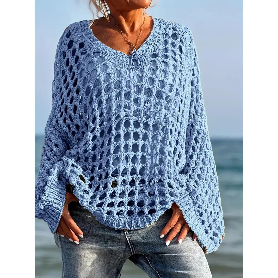 Oversized Hollow Out Long Sleeve Knitwear Women's Pullover Casual Versatile Sweater Top
