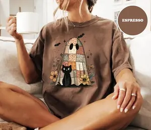 Comfort Colors Patchwork Halloween Ghost and Cat Shirt, Cute Halloween Shirt, Retro Spooky Floral Halloween Shirt, Halloween Outfits