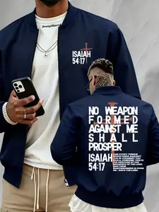 Men’s "No Weapon Formed Against Me" Cross Print Stand Collar Jacket, Inspirational Faith-Based Outerwear, Business Casual & Outdoor Sports Zip-Up Coat#Isaiah5417Jacket #FaithBasedOuterwear #MensBomberJacket #ChristianStreetwear #TikTokFashion