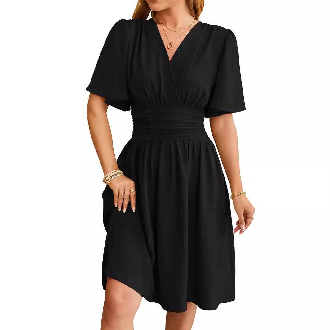 Textured V-neck Ruched Mid Rise Bell Sleeve Romper with Pockets Summer Womenswear Basic Minimalist Jumpsuit SummerFinds
