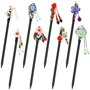 8 Pieces Decorative Retro Asian Japanese Chinese Traditional Hanfu Wooden Hair Sticks with Flower Bead Pendants Floral Hair Pins Forks Chopsticks Bun Updo Holders Headpieces for Women Girls