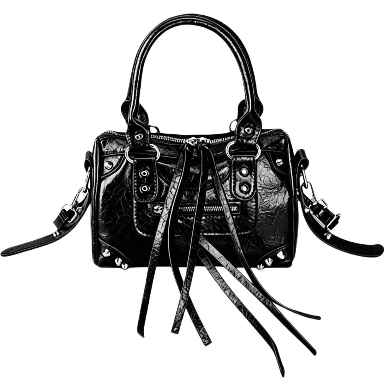 Black Splicing Rivets Inlaid Metal Tassels Zip Decoration Hand Bag Retro PU Material Loop Band Decorative Rivets Inlaid Double Handles Underarm Bag Adjustable Long Shoulder Strap Design Zip Closure Sweet Cool Style Biker Bag Y2K Punk Style Square Bag
