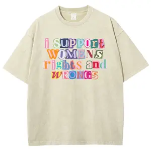 I Support Women's Rights And Wrangs Washed Graphic T-Shirt, Colorful Feminist Slogan Print, Gift For Empowering & Bold Style Fans
