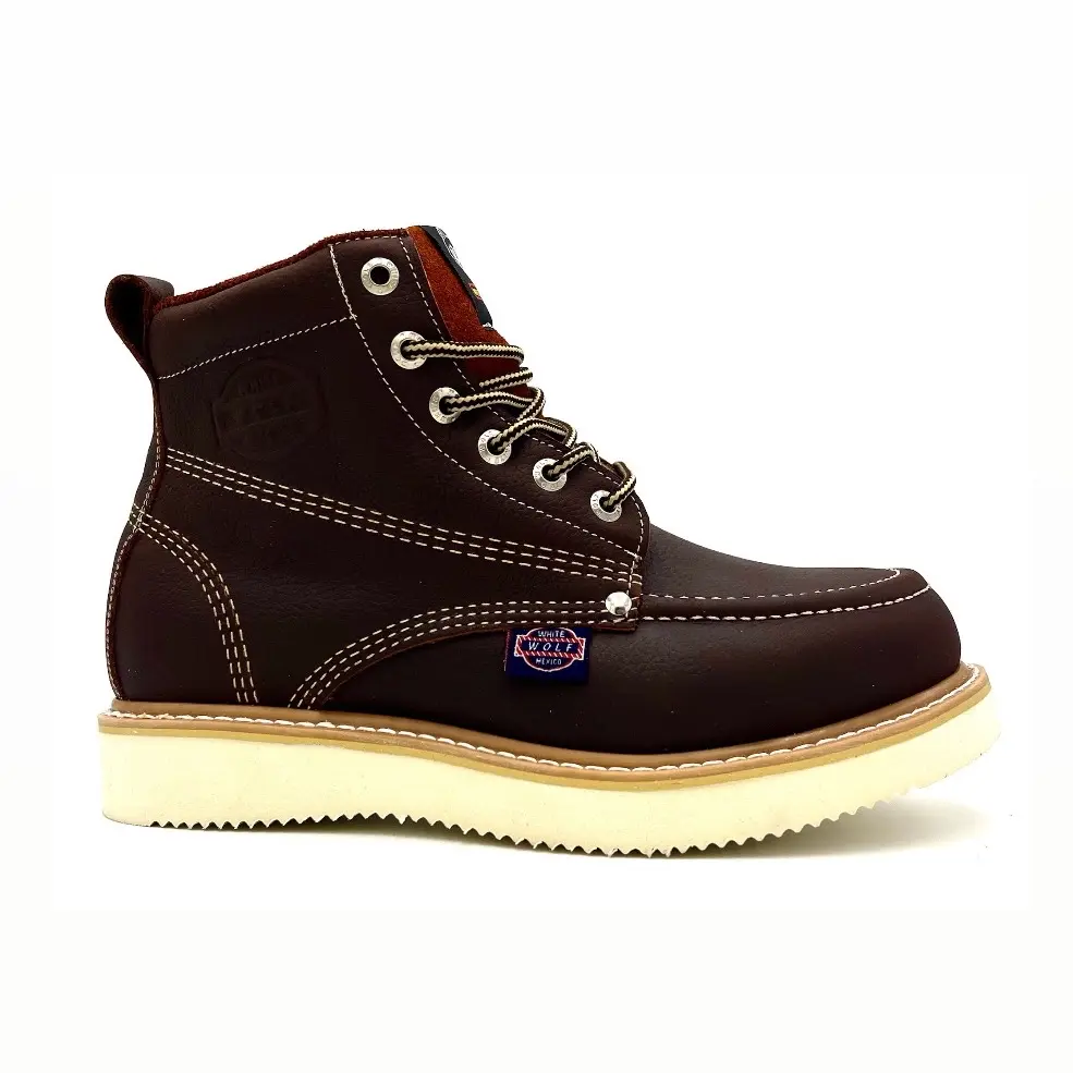 White Wolf 6 Inch Classic Moc Toe Work Boots Goodyear Welt Construction, Wedge Sole, Slip Resistant and Shock Absorbent, Comfort Leather Footwear Made in Mexico