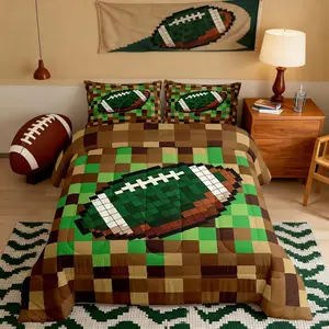 American Football Comforter Set,Pixelated Geometric Grid Bedding Set Adults Bedroom Decor,Gamepad Video Games Duvet Insert,Brown Green Quilted Duvet Set