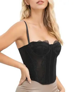 Women Lace Bustier Corset Tops for Going Out Mesh Overbust Adjustable Strap Waist Cincher Crop Bustier Party Rave Date Night Outfit Tank Top
