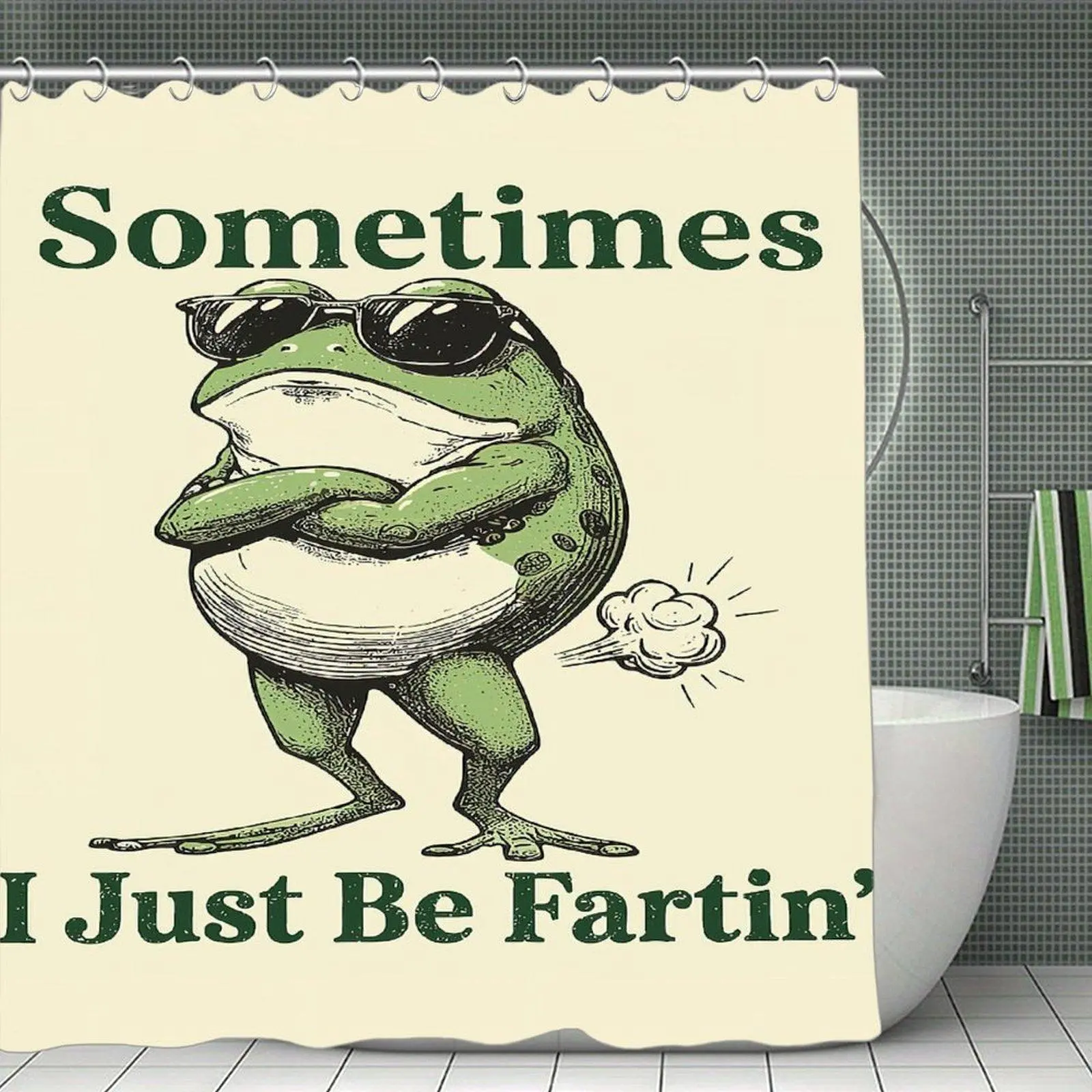 Meme Themed "Sometimes I Just Be Fartin'" Frog Shower Curtain, Waterproof Polyester Fabric, Quick-Dry Bathroom Decor Shower Curtain for Home Bathroom Supplies, Shower Curtains